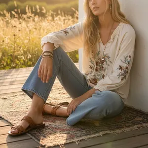 Solitaire Cream Floral Embroidered Boho Blouse Size Large thumbnail 1