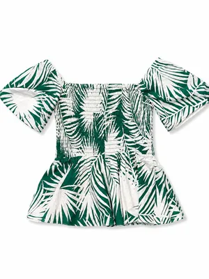 Milly Peplum Top Womens Large‎ Green White Palm Leaf Puff Sleeve Smocked thumbnail 3