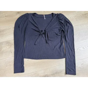 EUC Free People Tie The Knot Top Ribbed Puffed Long Sleeves Black Modal Size L thumbnail 3