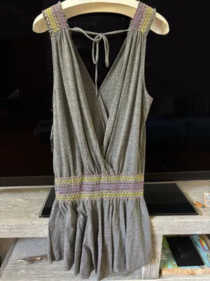 Gray V-Neck Swim Coverup dress with Smocked Waist thumbnail 4