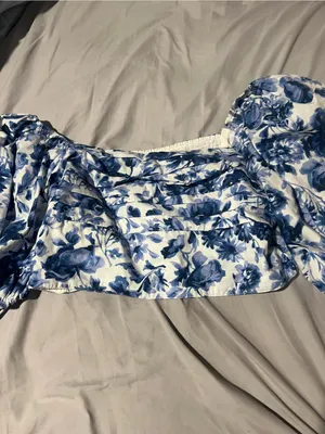 Abercrombie & Fitch Blue Floral‎ Puff Sleeve Crop Top Smocked Pleated L thumbnail 7
