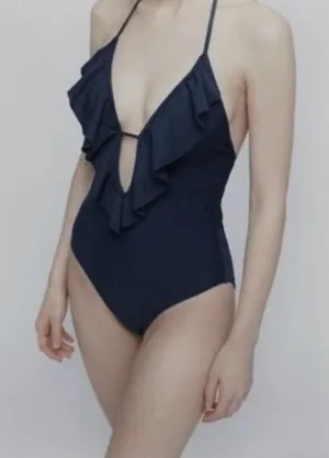 Abercrombie & Fitch Navy Blue Ruffle Plunge‎ Halter One Piece Swimsuit Small NEW thumbnail 1