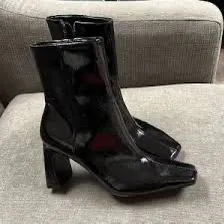 Black Patent Glossy Shine Leather Ankle Boots Block Heel Square Toe thumbnail 8