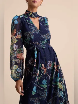Lulus Fallyn Navy Floral Swiss Dot Long Sleeve Midi Dress Size Medium Tie Waist thumbnail 3