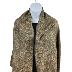 Pashmina Silk Blend Shawl Wrap Scarf Tan Black Paisley Jacquard Fringe Elegant thumbnail 4