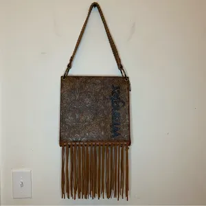 WRANGLER Floral Embossed Fringe Hobo Shoulder Bag Cowgirl PU Leather Brown thumbnail 2