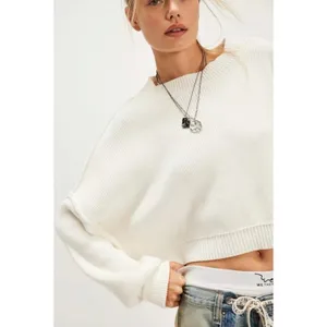 Free People Easy Street Crop Pullover Sweater in White Size Large Preppy Fall thumbnail 4