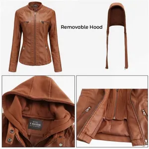 TAGOO Brown Faux Leather Jacket with Removable Hood. thumbnail 4