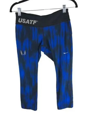 Nike Womens USATF Epic Run Crop Tights Hyper Cobalt Black Size S thumbnail 1