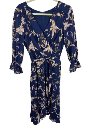 Tahari Arthur S Levine Navy Blue Paisley Faux‎ Wrap Midi Dress Ruffle Cuff 12 thumbnail 1