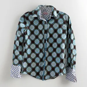 Tizzie Womens Blue contrast medallion geometric fitted stretch button up shirt S thumbnail 2