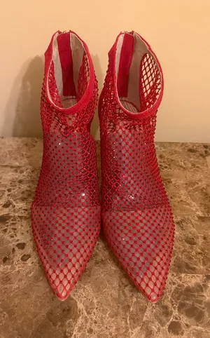 Charles By Charles David Red Mesh Sparkly Pointed Toe Ankle Boots thumbnail 1