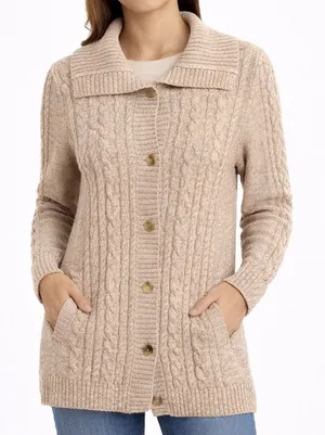 L.L. Bean Cable Knit Fisherman Cardigan Sweater Beige Cotton Button Front‎ M thumbnail 1