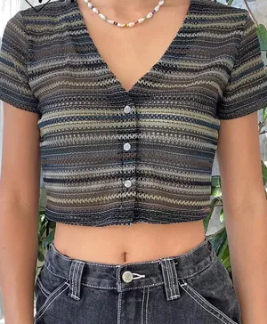 V-neck Button Placket Striped top thumbnail 1