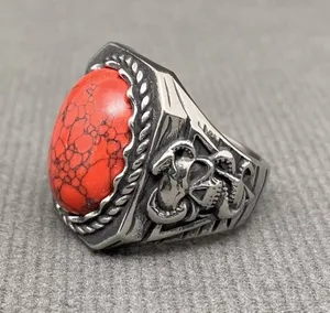 Turquoise Inlaid Skull Men's Stainless Steel Ring Size 9 🦩 thumbnail 1