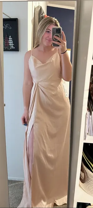 Azazie Champagne Satin Slip Dress with Twist Detail thumbnail 1