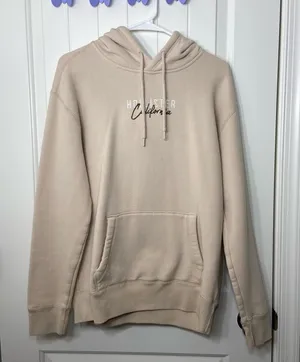 EUC Hollister Co women’s tan cream stitch decal pullover fleece lined‎ hoodie M thumbnail 1