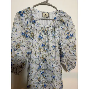 Tuckernuck Dress Womens M Blue White Floral Cotton Puff Sleeve Tiered Midi thumbnail 2