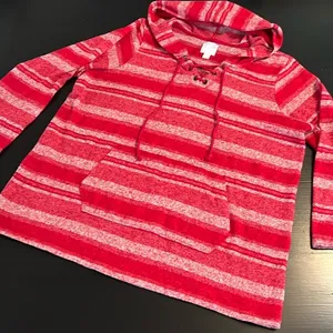 Sunday Boho Womens Hoodie Red White‎ Striped Lace Up Pullover Size 1X thumbnail 1