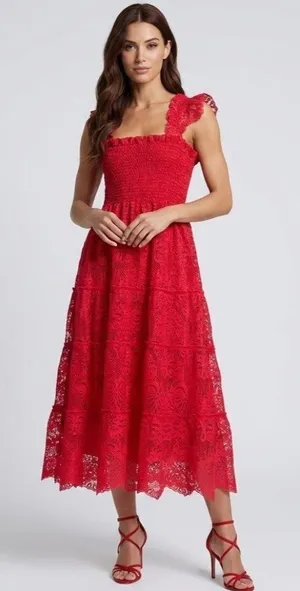 NWT Hill House Ellie Nap in Cerise Red Lace Smocked Midi Dress S thumbnail 1
