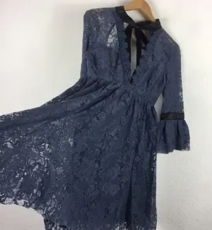 NWT Free People Gilded Lace Victorian Dusty Blue Bow Tunic Mini Dress Small thumbnail 12