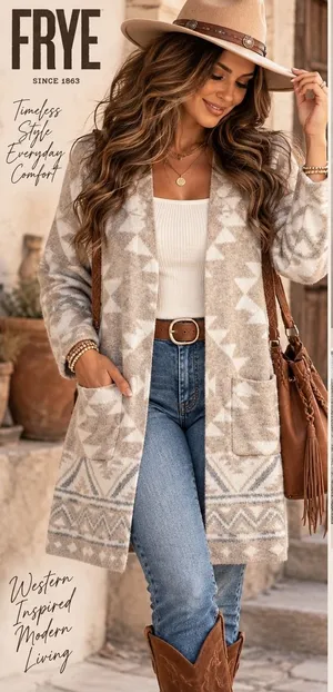 Frye Womens XL Beige Geometric Southwestern Open Front Knit Cardigan Sweater thumbnail 1