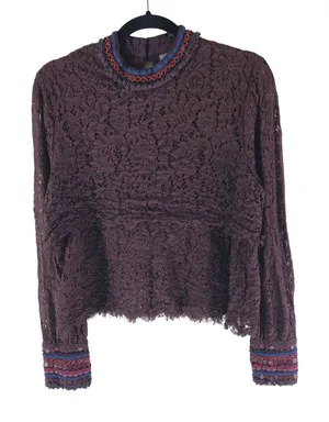 Blank London Womens Top Blouse Lace Embroidered Sequin High Neck Burgundy M thumbnail 1