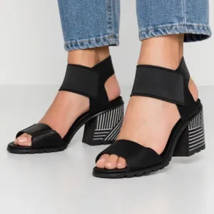 SOREL Nadia Black Leather Strappy Lug Sole Block Heel Sandals Comfort Size 7.5 thumbnail 2