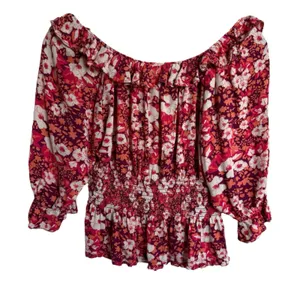 Free‎ People Womens Blouse Size S Sweet Memories 3/4 Sleeve Orange & Pink Floral thumbnail 6