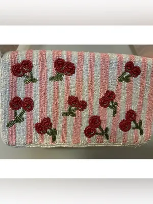 NWT Beaded Cherry Shoulder Bag Pink White Handmade India Viral TikTok Purse thumbnail 3