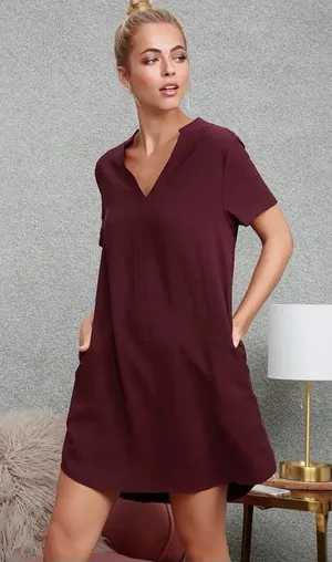 Lulus Shift Dress Women's Size XS Burgundy Rayon Pockets Short Sleeve V Neck thumbnail 1