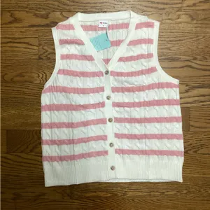 Wiholl cable knit sleeveless sweater. Pink on ivory stripes. Size Small thumbnail 2