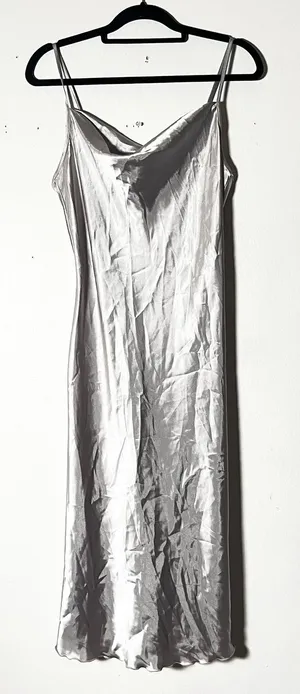 Vtg y2k Bebe Midi Slip Dress Medium Silver Satin 2000s 90s thumbnail 1