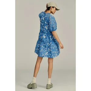 NWT Maeve by Anthropologie Tiered Jacquard Mini in Blue Organza A-line Dress XS thumbnail 8