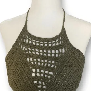 Charlotte Russe Crochet Knit Halter Olive Green Open Back Festival Crop Top‎ Small Forrest Fairy thumbnail 4
