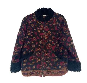 IVY Tapestry Full Zip Jacket Black Red Paisley Pockets Mock Neck Size Medium thumbnail 1