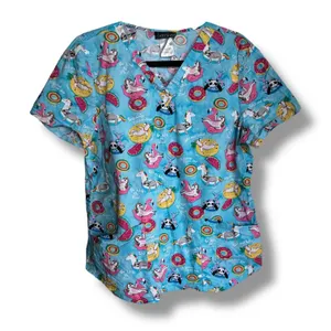 Cherokee Scrub‎ Top L Blue Go with the Float Unicorn Sloth Panda Llama thumbnail 1
