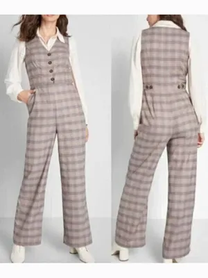 NEW NWT MODCLOTH Plaid Appeal Vest Jumpsuit Tan Brown Blue Sleeveless Retro 70s thumbnail 2