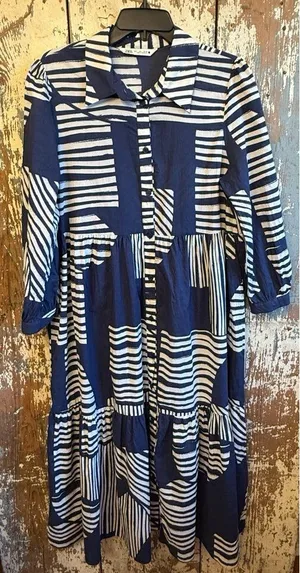 ZARA Blue & White Striped maxi Tiered Button-Up shirt Dress large thumbnail 1