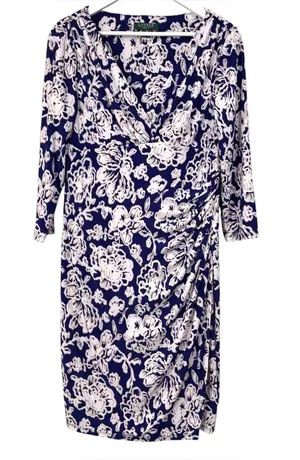 Lauren Ralph Lauren Blue White Floral Print Faux Wrap Dress Size 14 women’s thumbnail 1