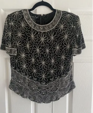 Laurence Kazar Vintage Beaded Top Womens Size L Black Silk Floral Sequin Evening thumbnail 1