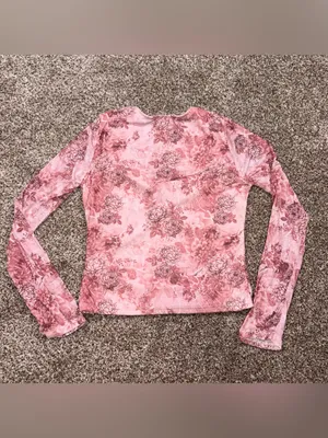Y2K Pink Floral Mesh Long Sleeve Top Medium M tie Crop thumbnail 6