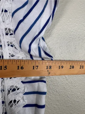 Maeve White Blue Striped Crochet Crop Blouse Womens L Casual Girly Coquette thumbnail 4