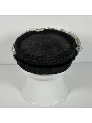Vintage Union Made Black Pillbox Hat with Cream Floral Accents and Veil thumbnail 3