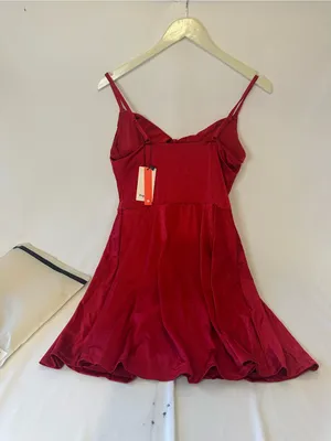 Popilush Women’s Red Ruched Strappy Mini Fit & Flare Dress built-in shorts thumbnail 4