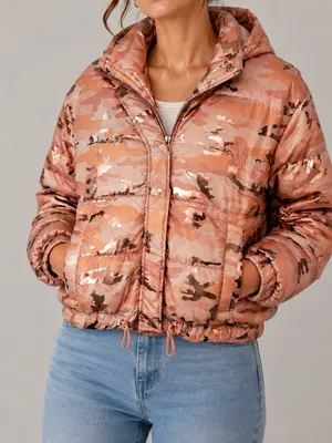 NWT Ashley Outerwear Rose Gold Metallic Camo Puffer Jacket Size M thumbnail 1