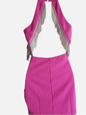 Sincerly Jules Hot Pink Rhinestone Fringe Open-Back Mini thumbnail 6