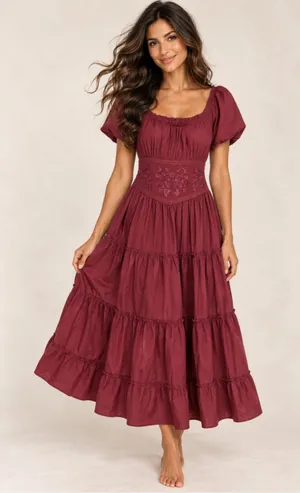 Kings Road Corset Maxi Dress Burgundy Embroidered Cottagecore Renaissance Boho L thumbnail 1
