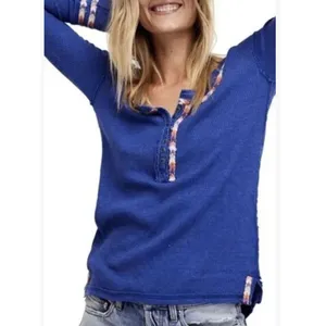 Free People Royal Blue Rainbow Embroidered Henley Thermal Top‎ Boho Small thumbnail 2