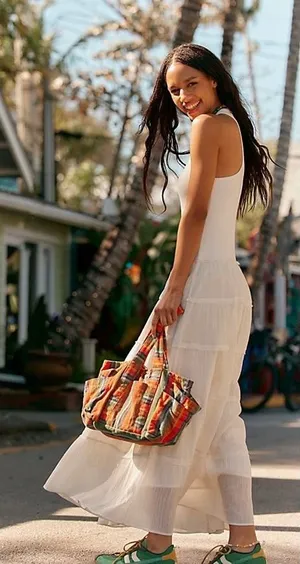 Free People Baby Oksana Tote C 8151 Small Orange Mix Striped Cotton Bag Women's thumbnail 1